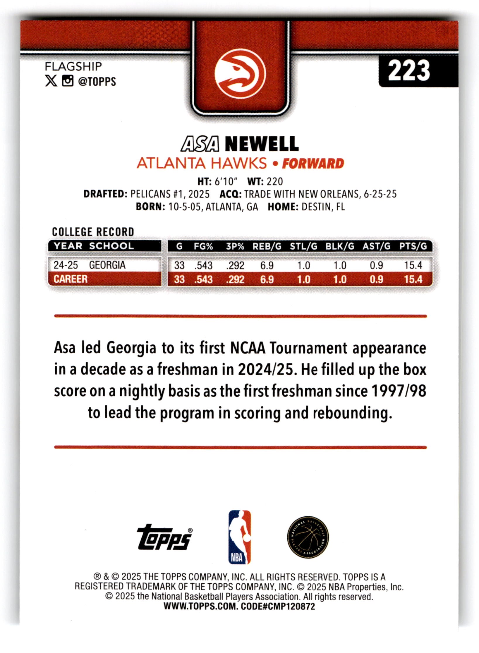 2025 Topps Flagship Asa Newell #223 RC