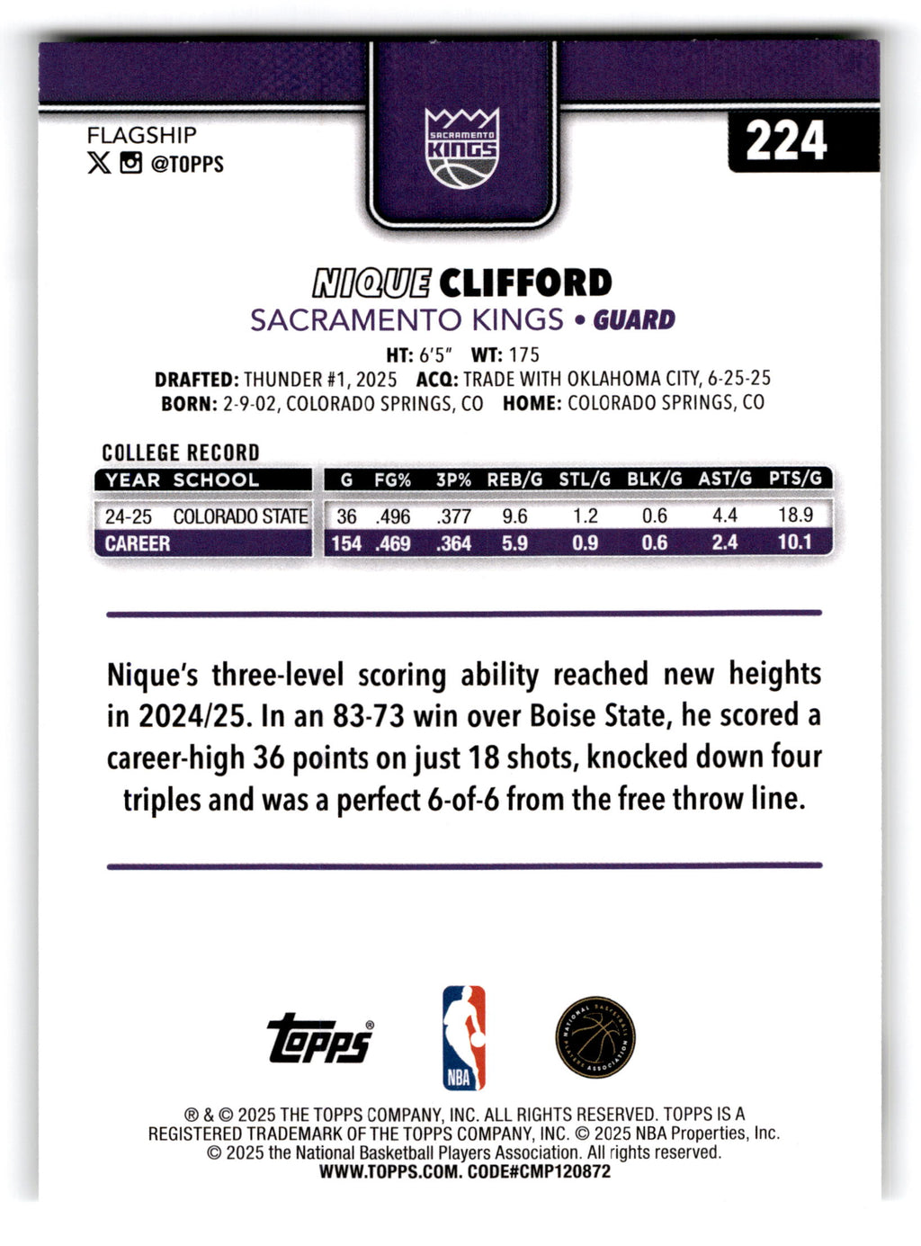 2025 Topps Flagship Nique Clifford #224 RC