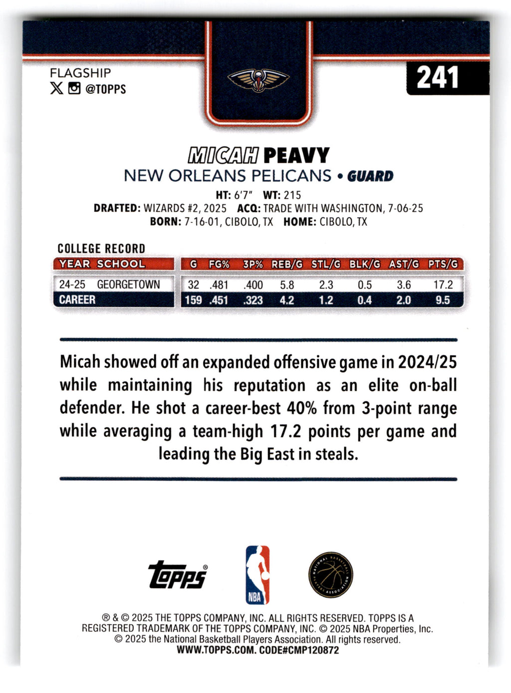 2025 Topps Flagship Basketball Micah Peavy #241 RC