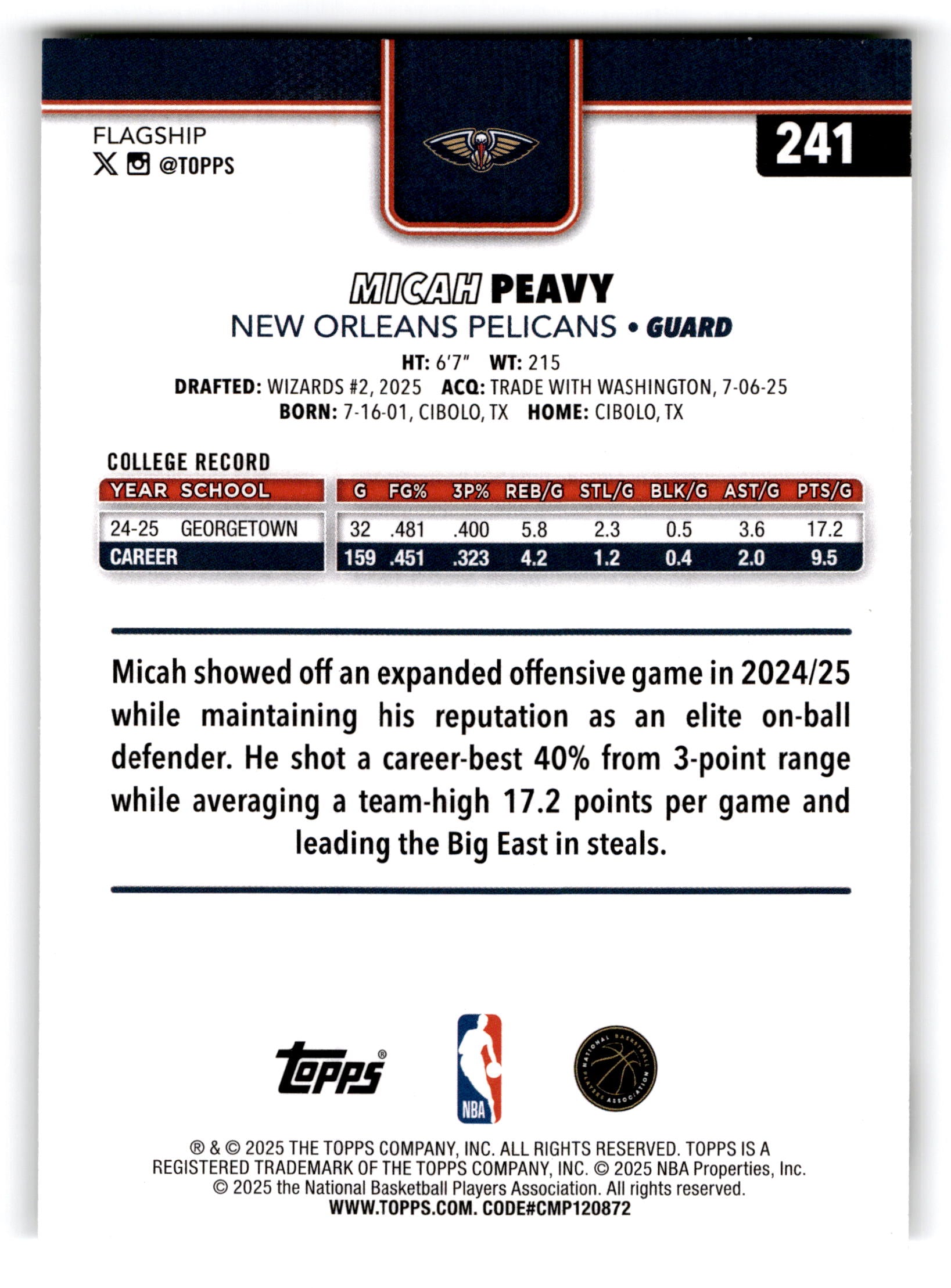 2025 Topps Flagship Basketball Micah Peavy #241 RC
