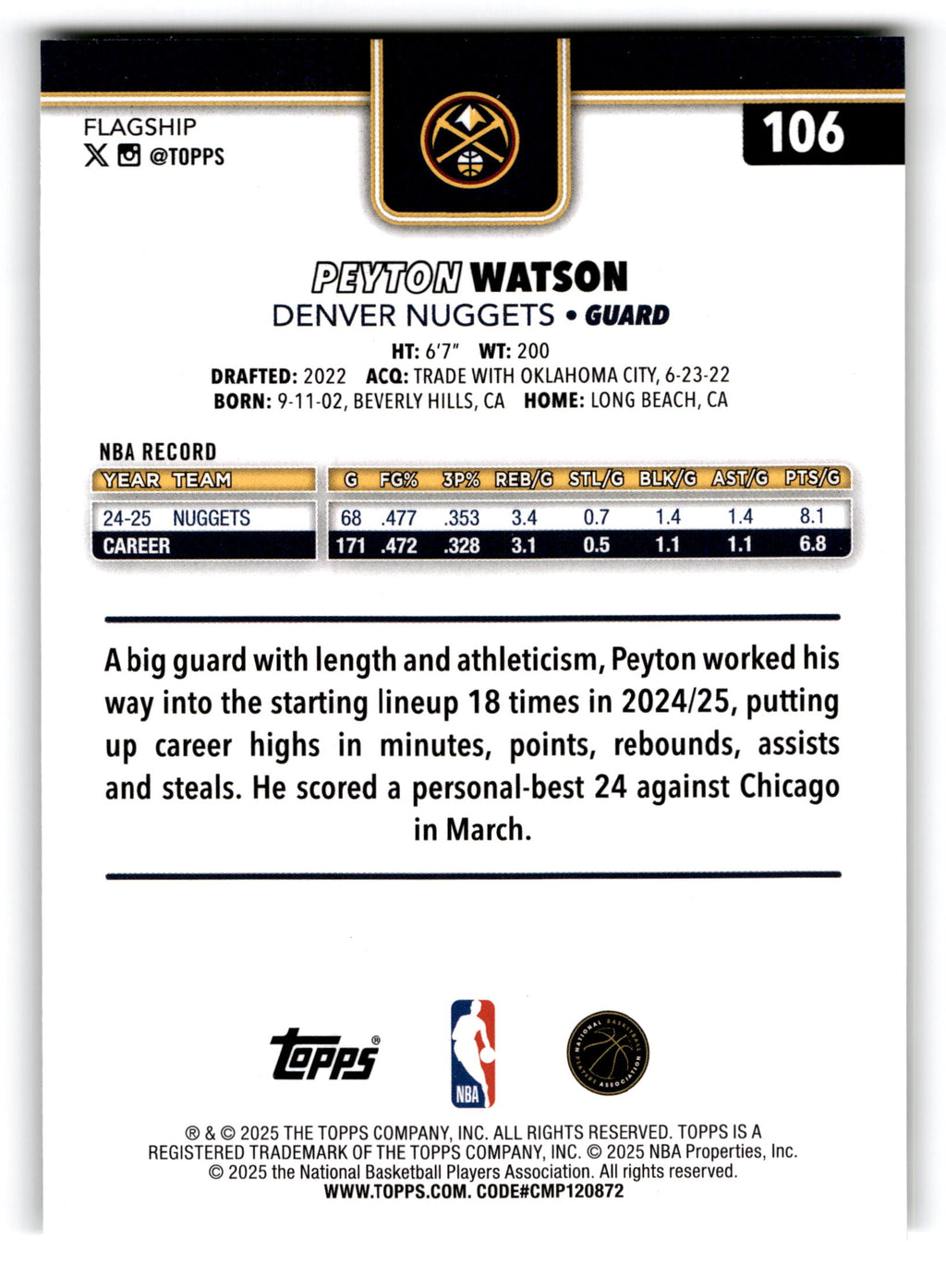 2025 Topps Basketball Peyton Watson #106