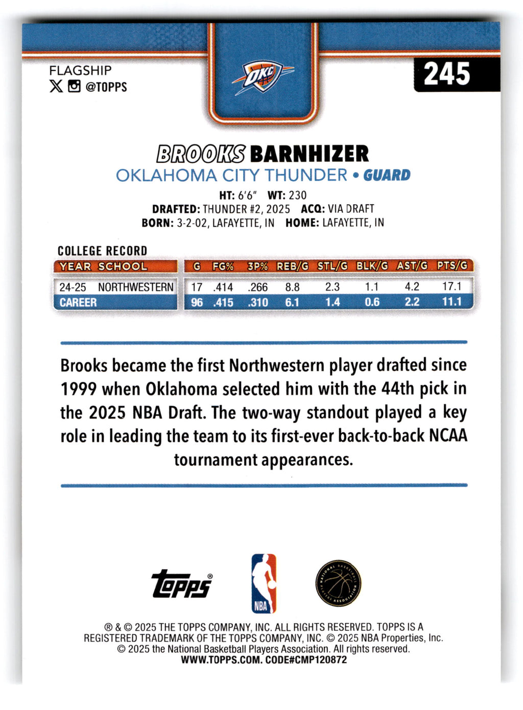 2025 Topps Flagship Brooks Barnhizer #245 RC