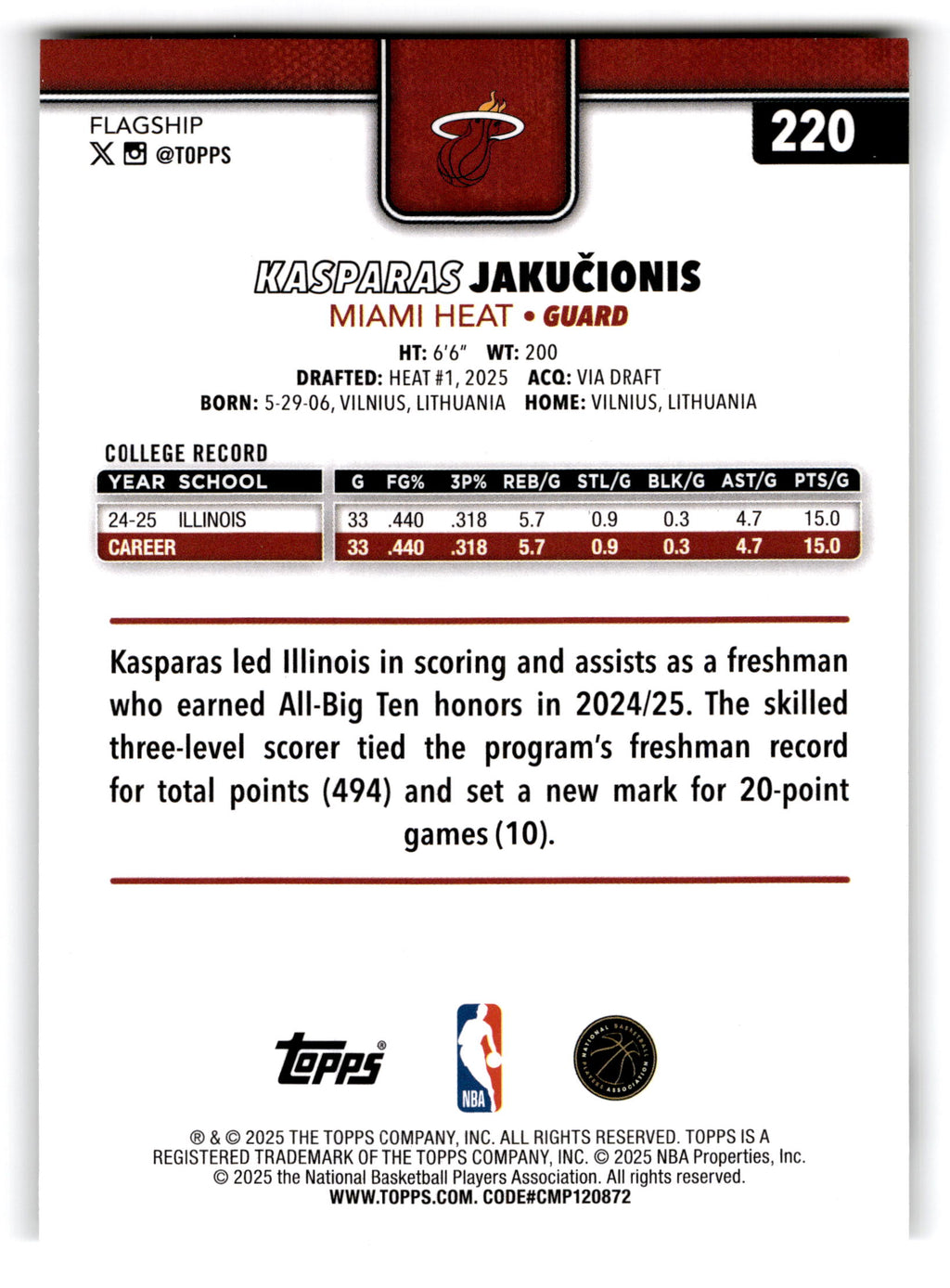 2025 Topps Flagship Kasparas Jakucionis #220 RC