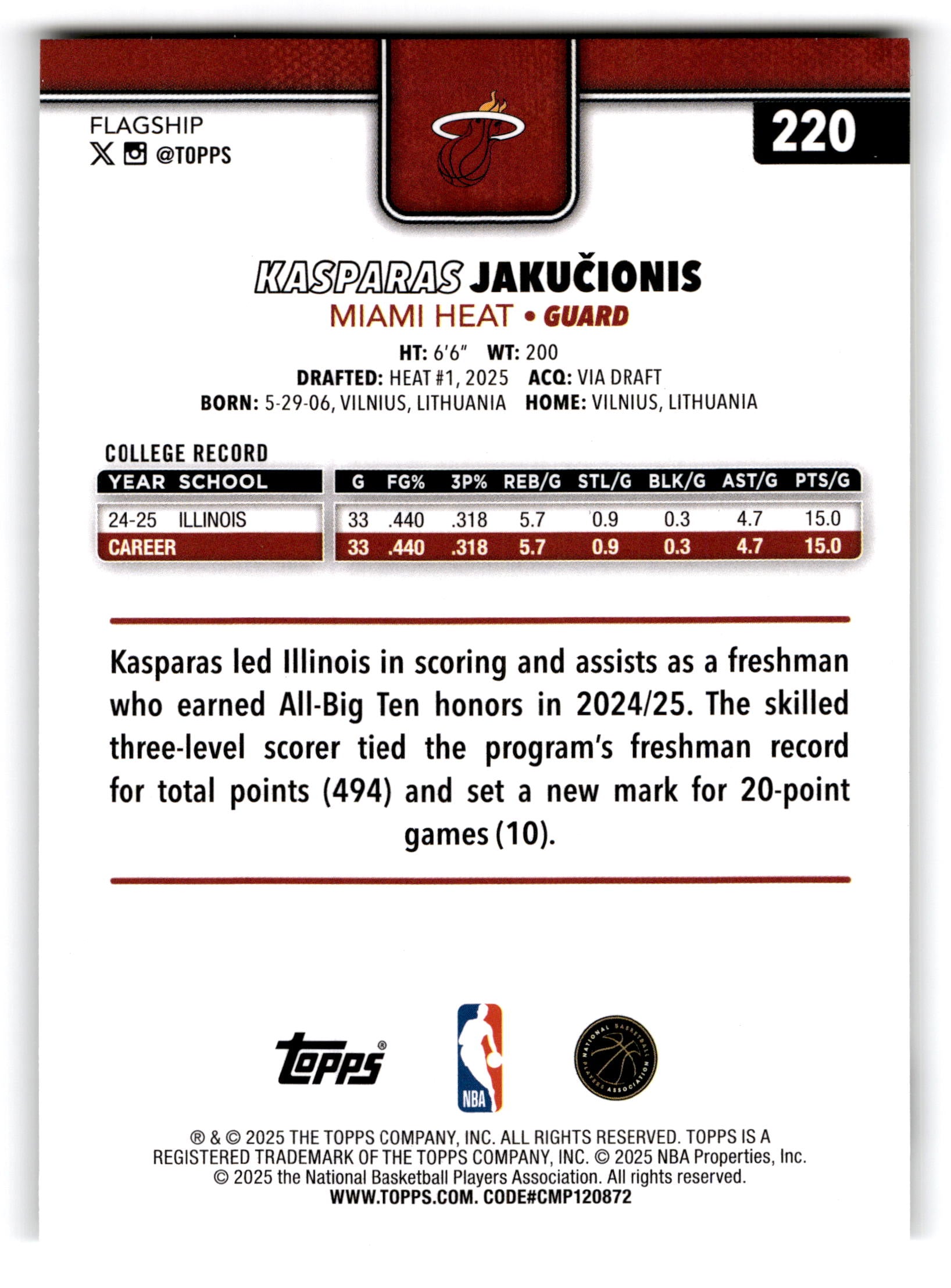 2025 Topps Flagship Kasparas Jakucionis #220 RC