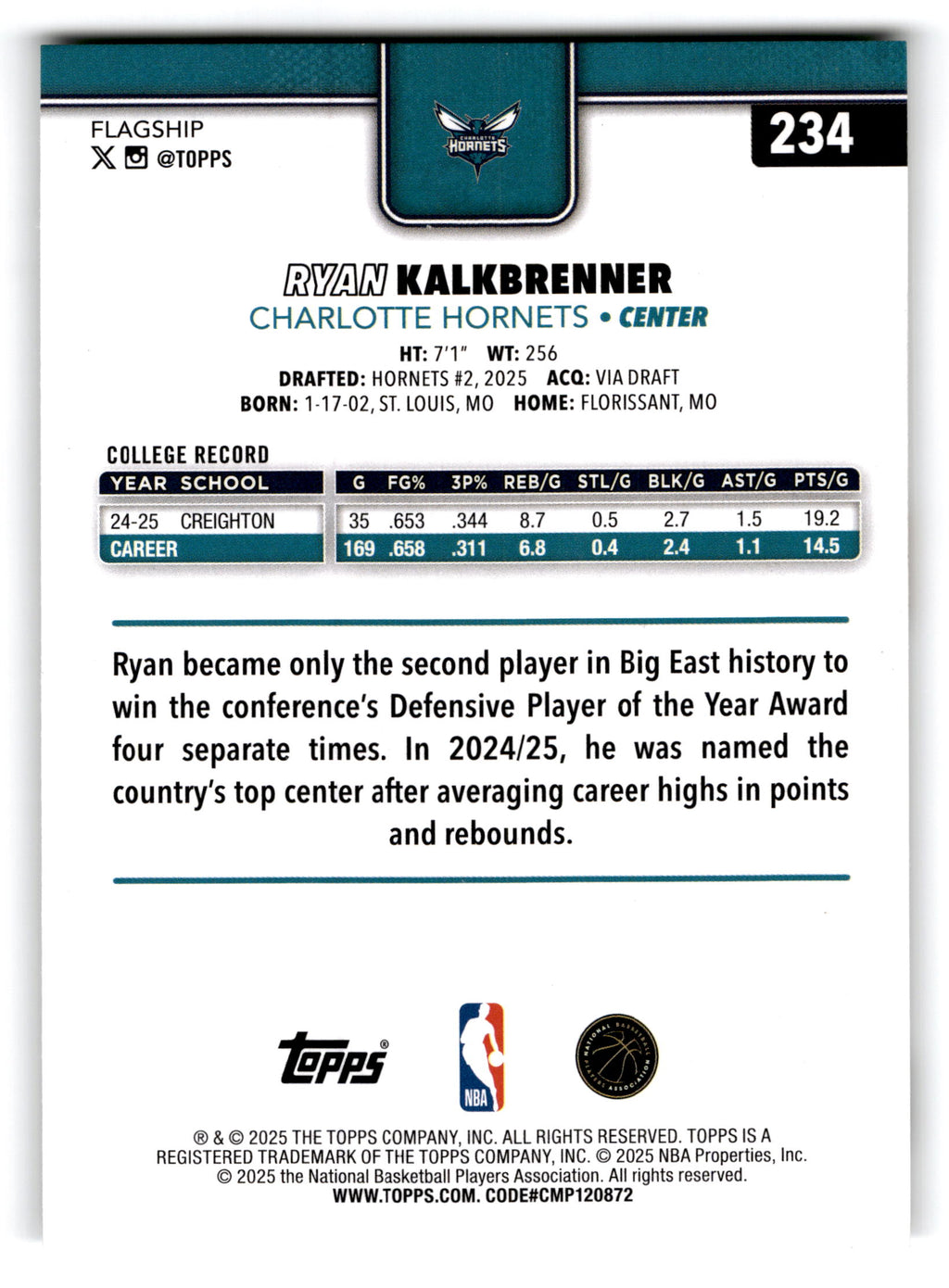 2025 Topps Flagship Ryan Kalkbrenner #234 RC