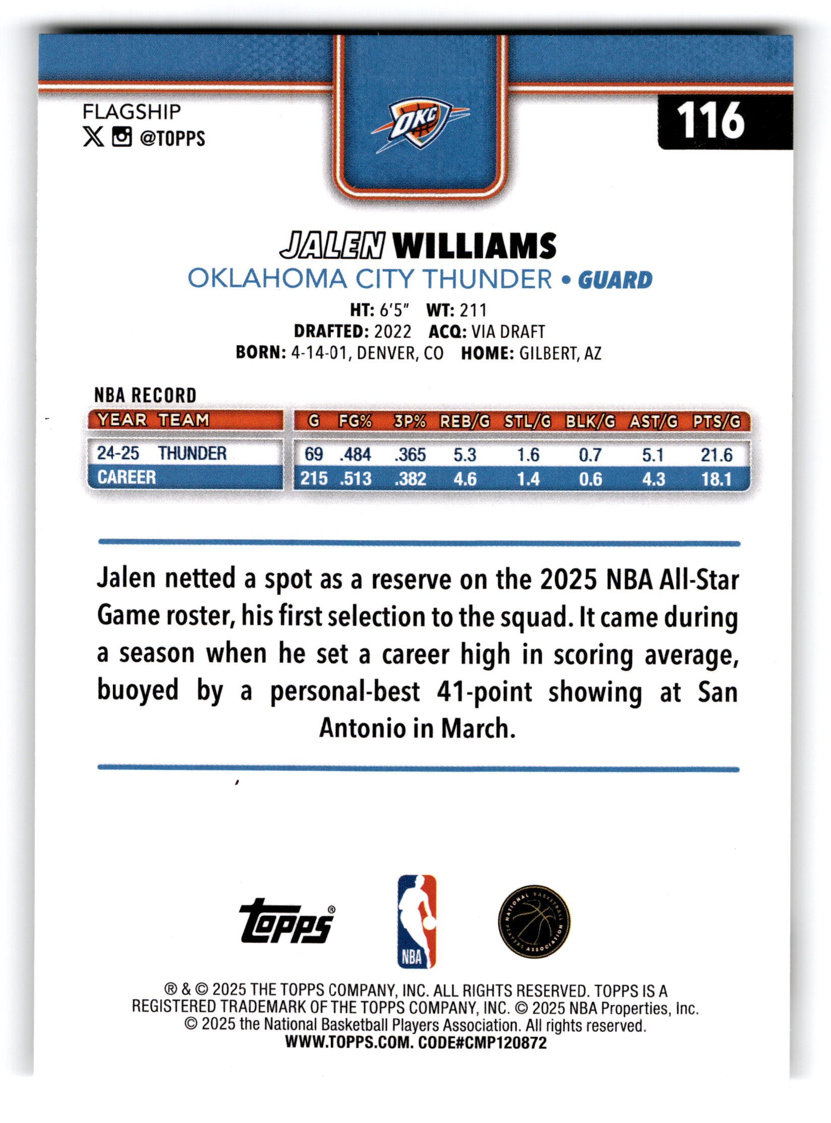 2025 Topps Basketball Jalen Williams #116