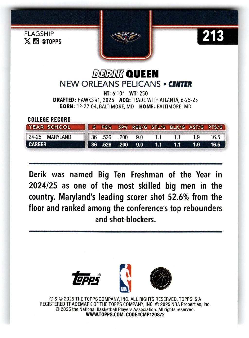 2025 Topps Flagship Derik Queen #213 RC
