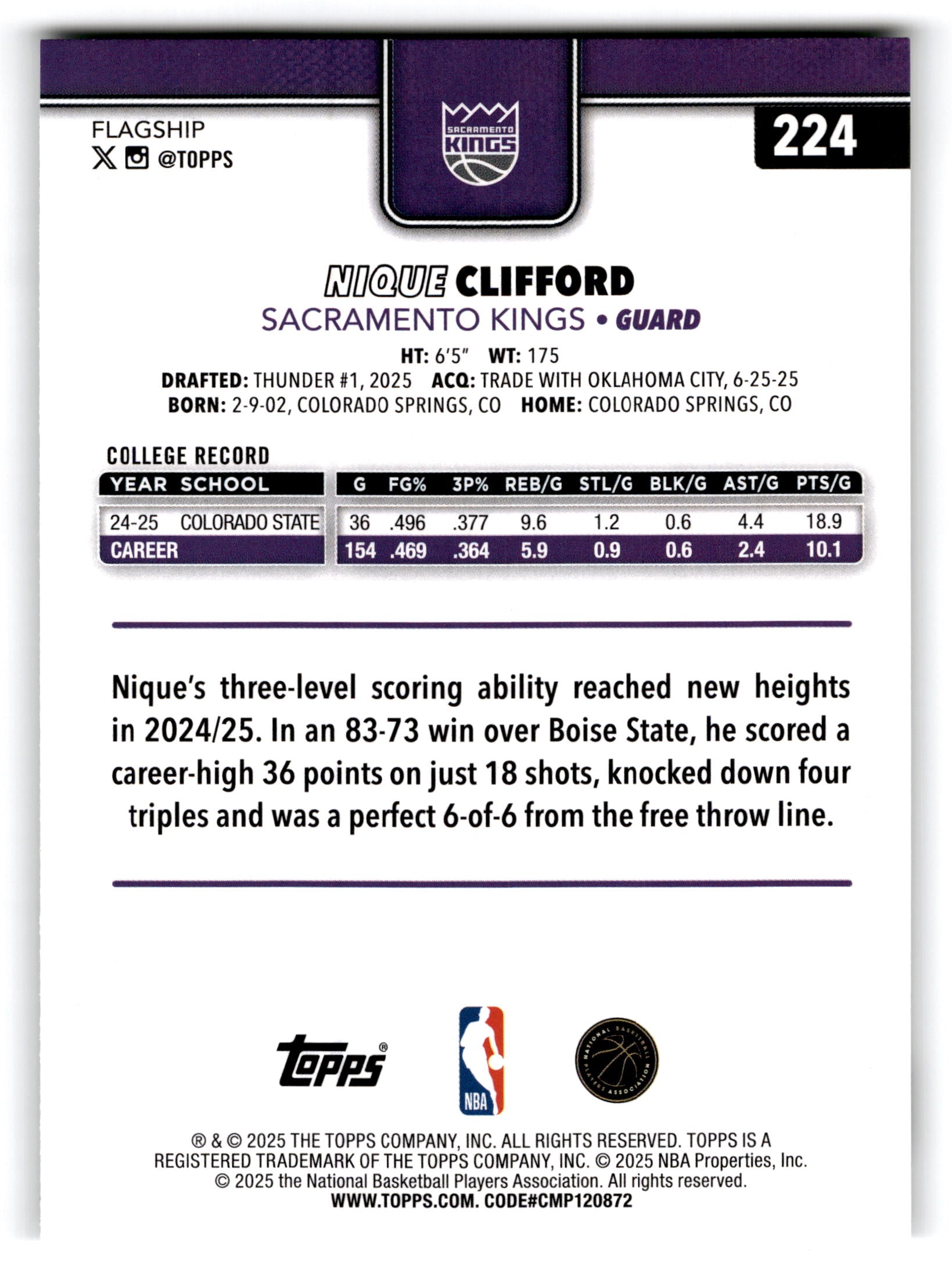 2025 Topps Flagship Nique Clifford #224 RC