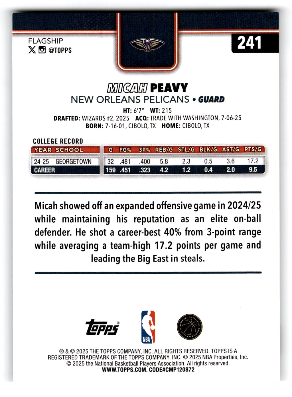 2025 Topps Flagship Micah Peavy #241 RC