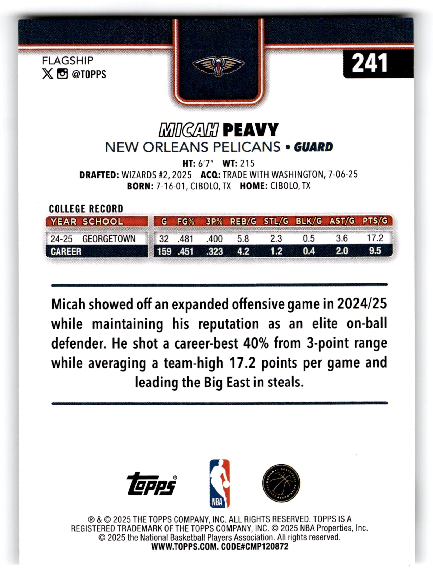 2025 Topps Flagship Micah Peavy #241 RC
