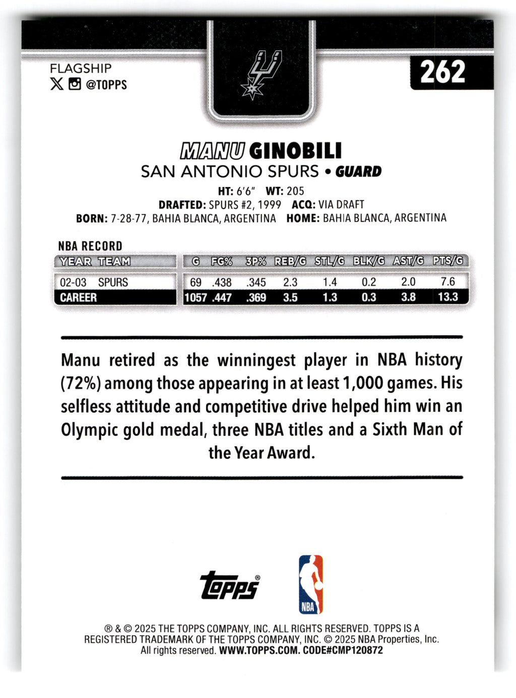 2025 Topps Flagship Manu Ginobili #262