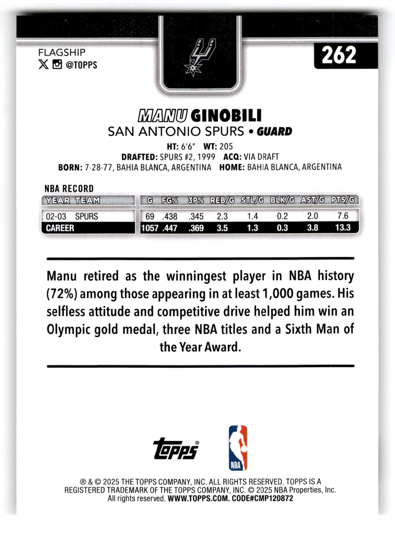 2025 Topps Flagship Manu Ginobili #262