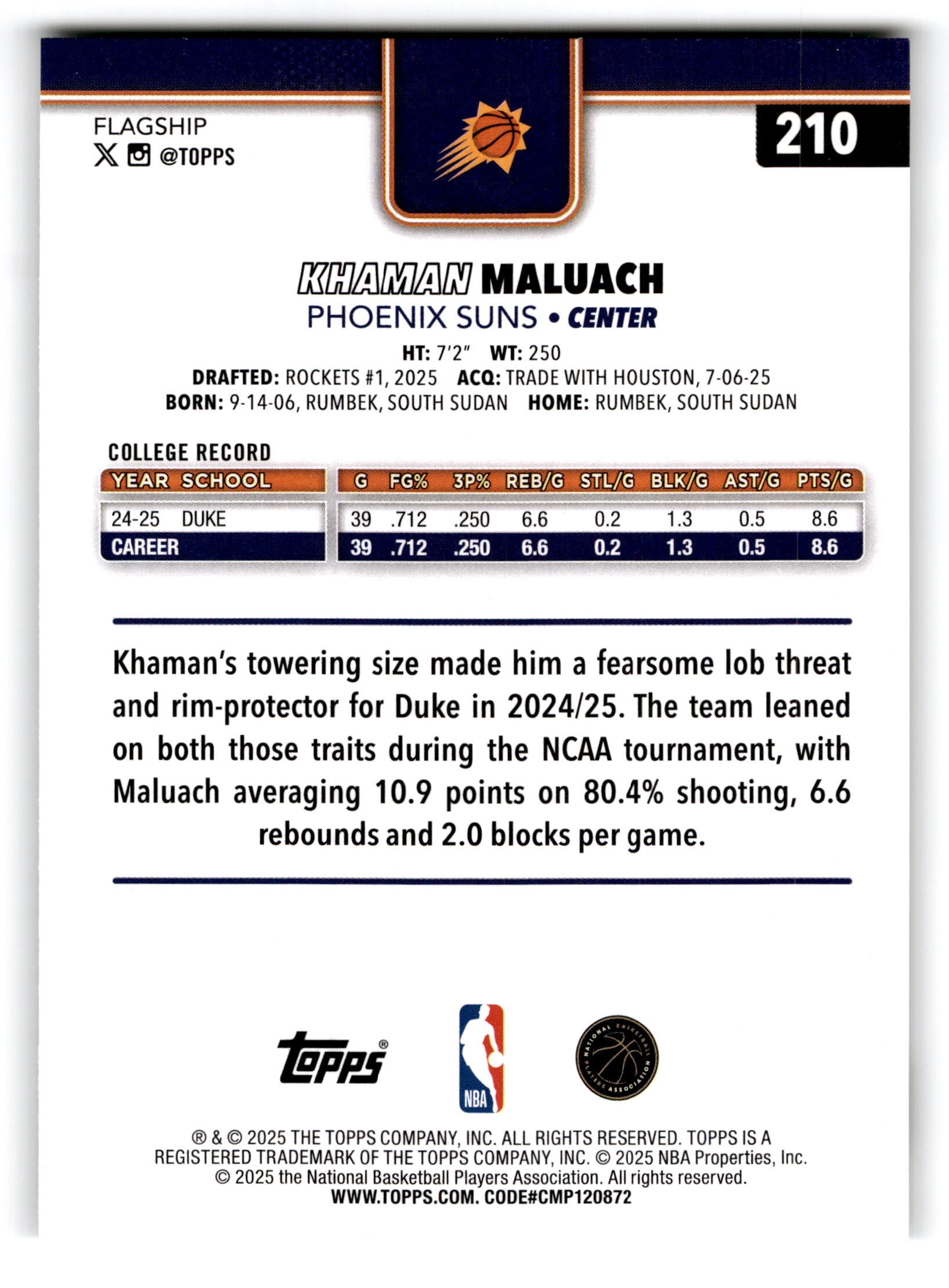 2025 Topps Flagship Basketball Khaman Maluach #210 RC