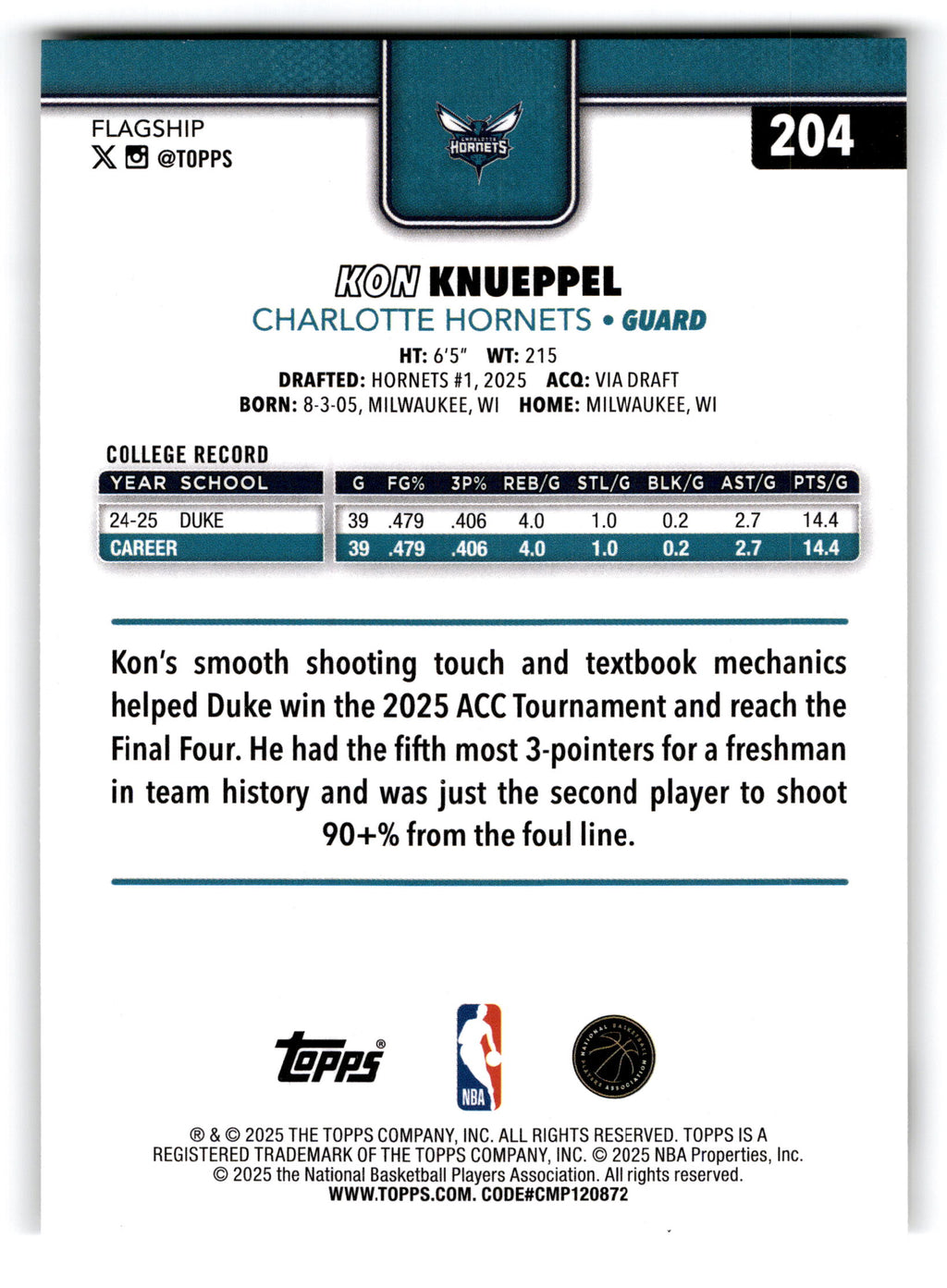 2025 Topps Kon Knueppel #204 RC