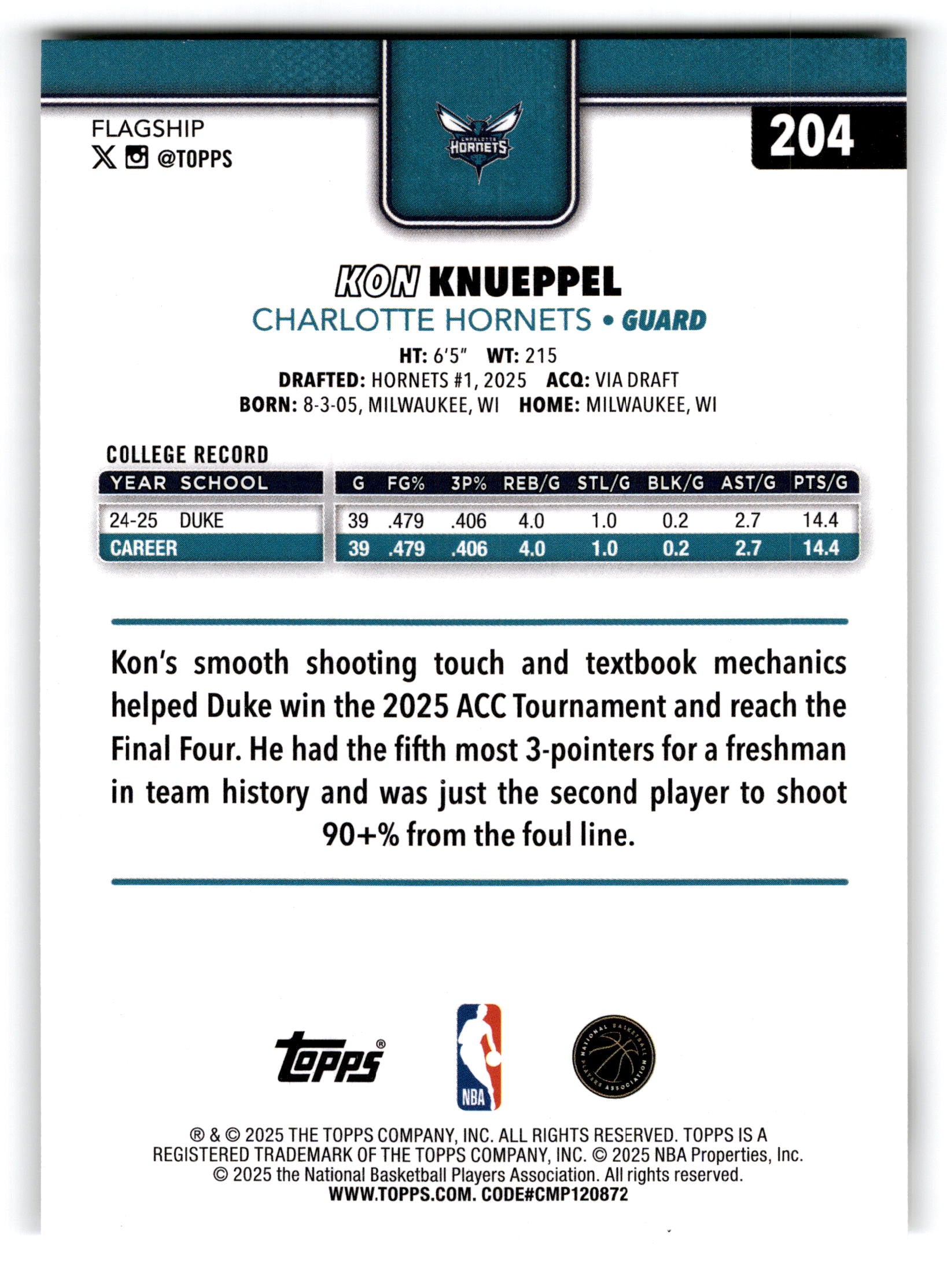 2025 Topps Kon Knueppel #204 RC