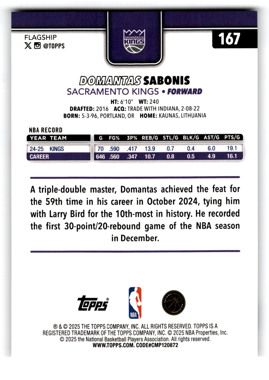2025 Topps Flagship Domantas Sabonis #167