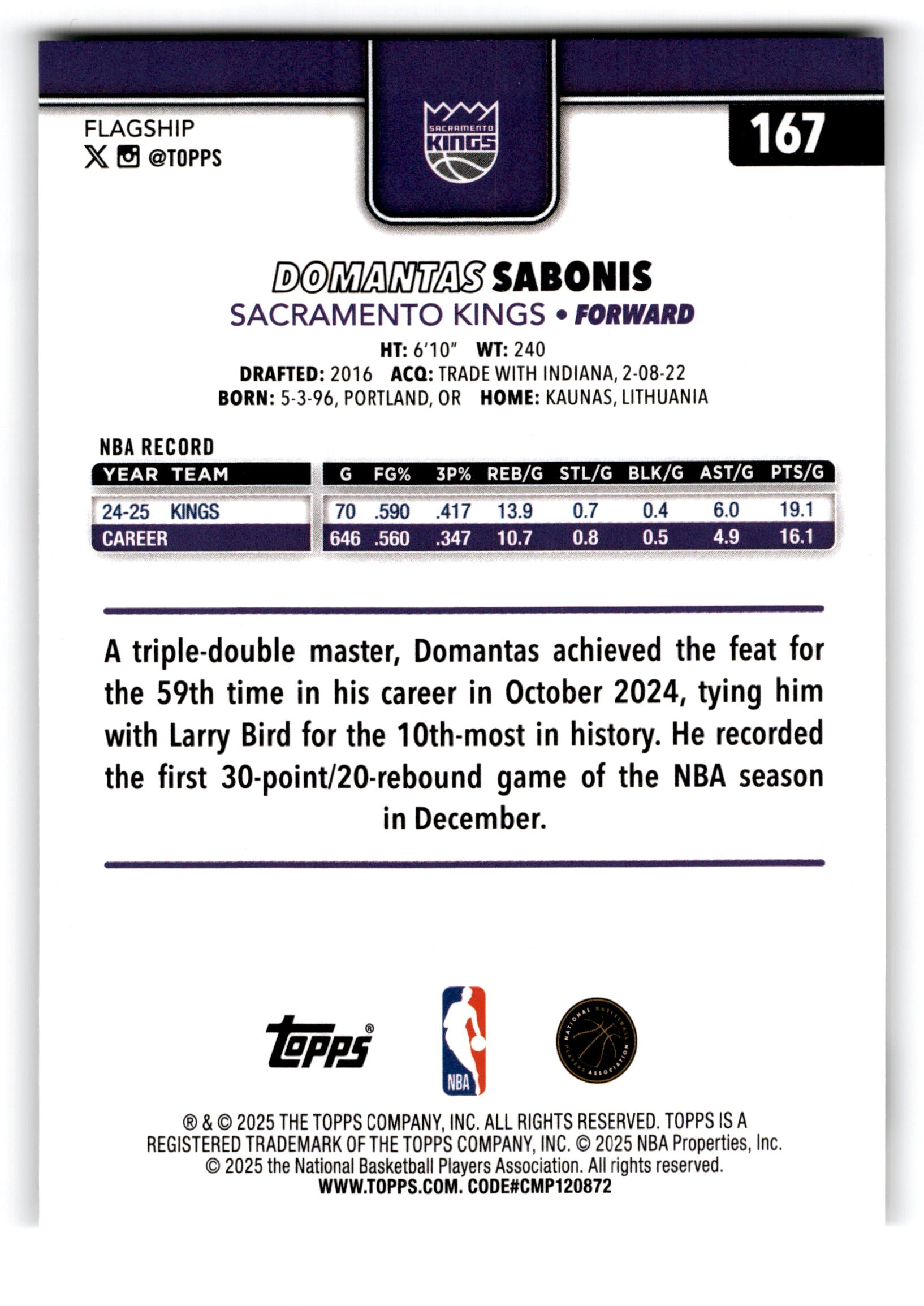 2025 Topps Flagship Domantas Sabonis #167