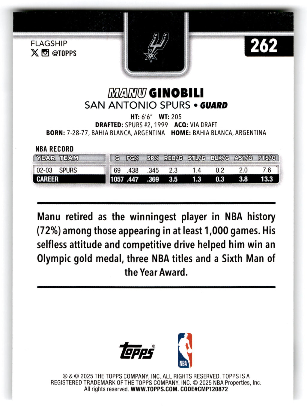 2025 Topps Flagship Manu Ginóbili #262