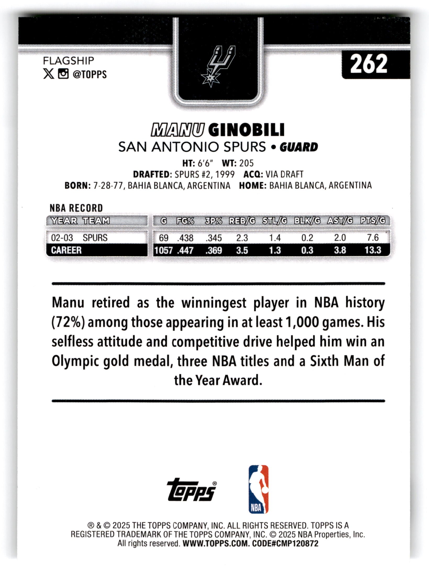 2025 Topps Flagship Manu Ginóbili #262