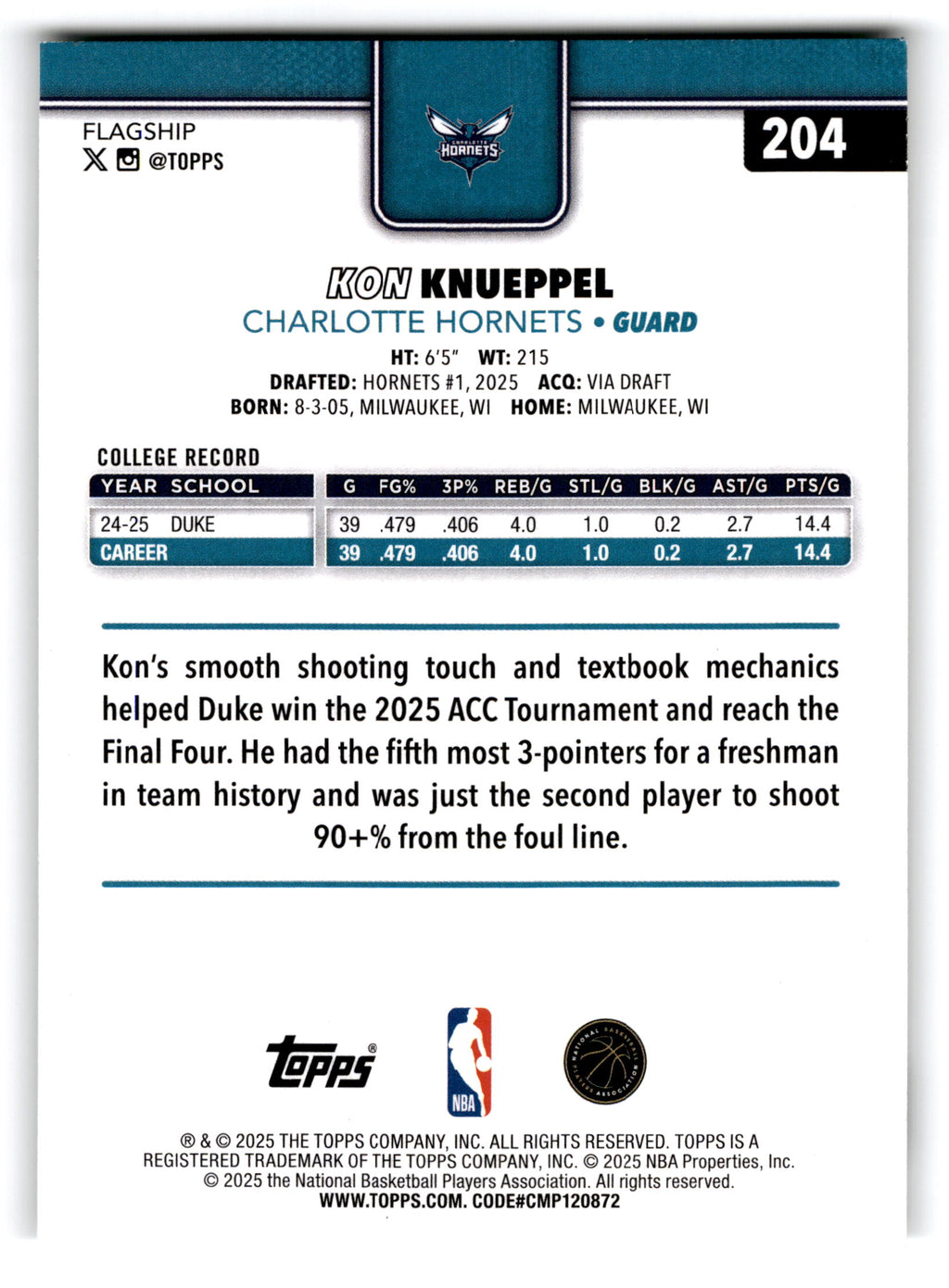2025 Topps Flagship Kon Knueppel #204 RC