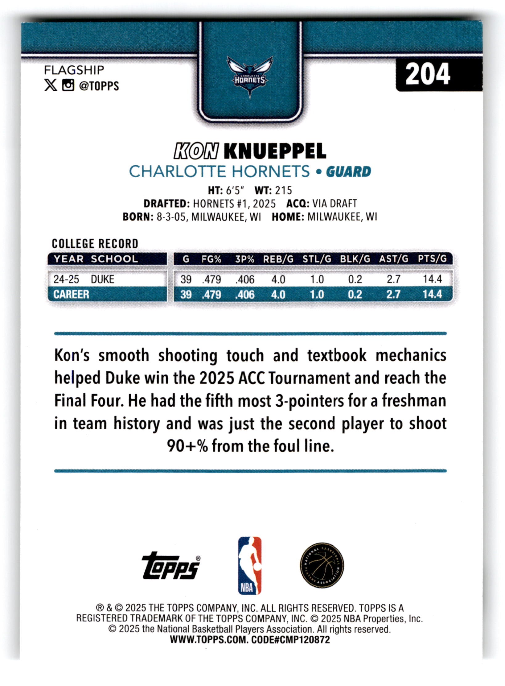 2025 Topps Flagship Kon Knueppel #204 RC