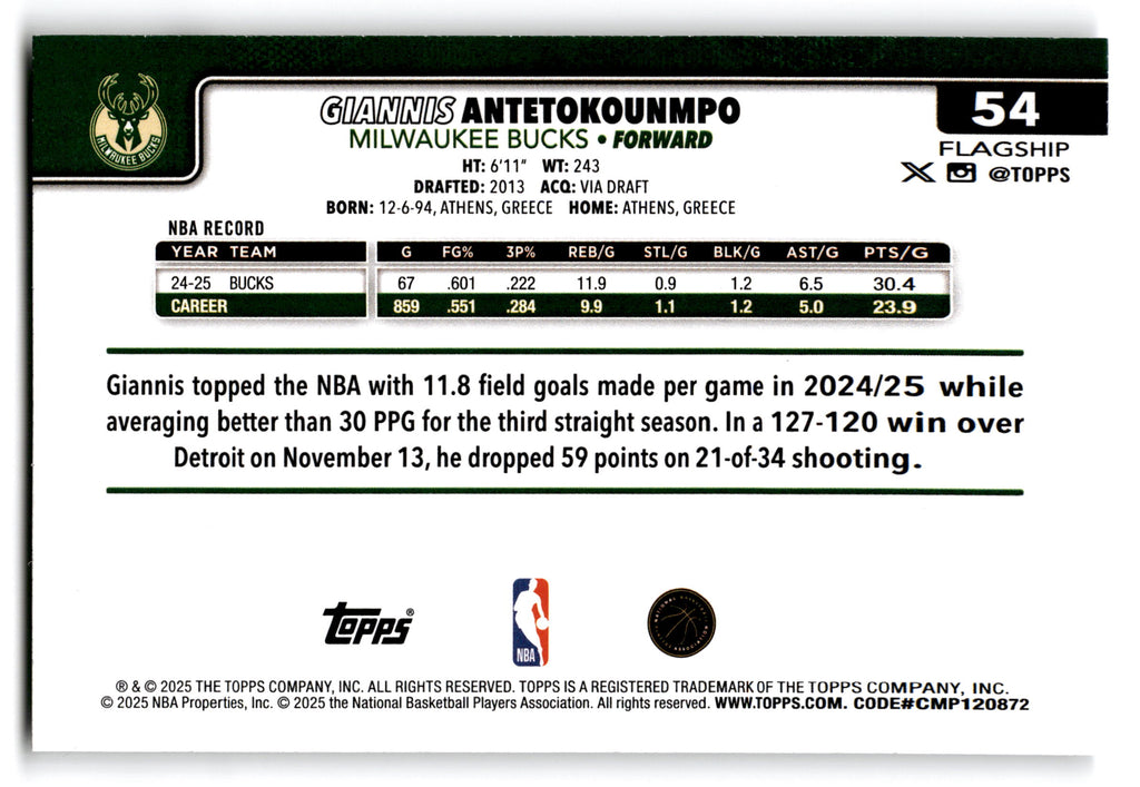 2025 Topps Flagship Giannis Antetokounmpo #54