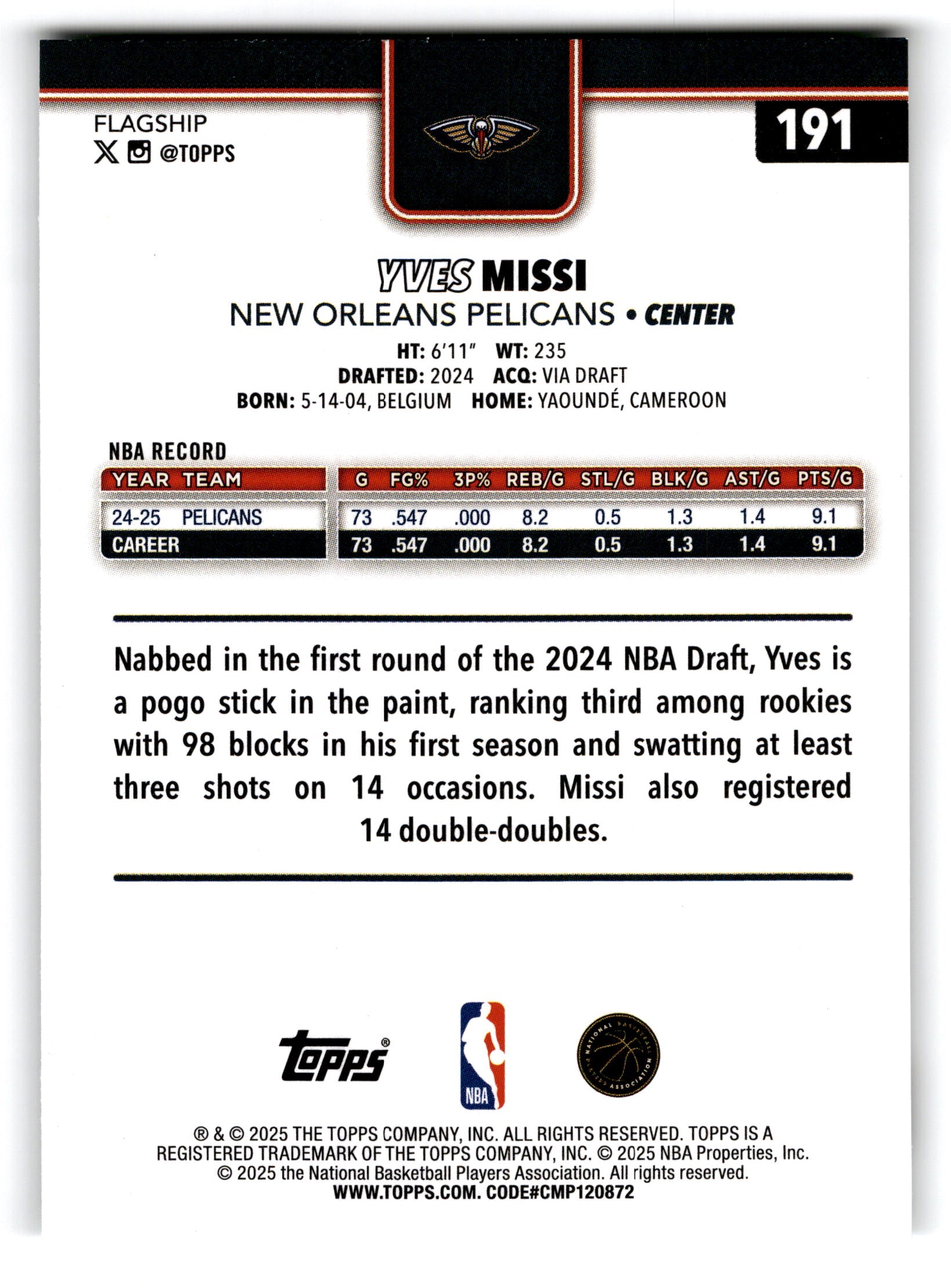 2025 Topps Flagship Yves Missi #191
