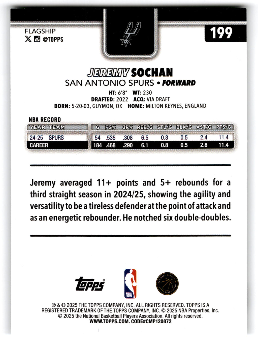 2025 Topps Basketball Jeremy Sochan #199