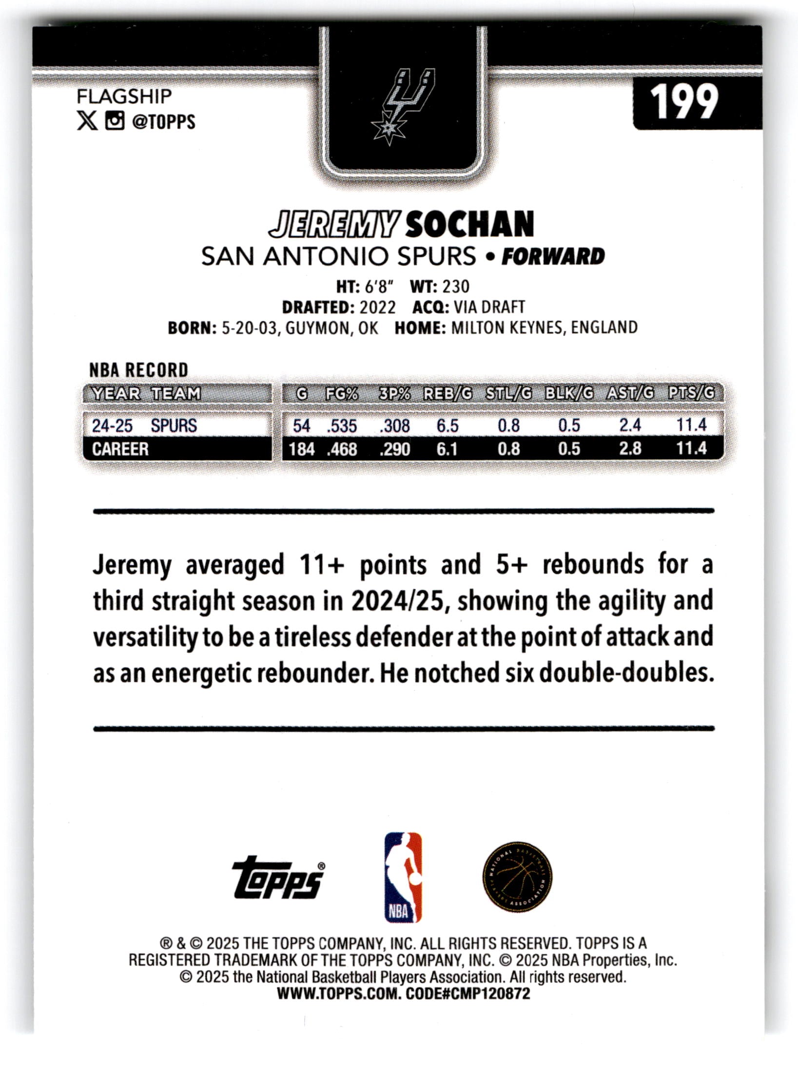 2025 Topps Basketball Jeremy Sochan #199