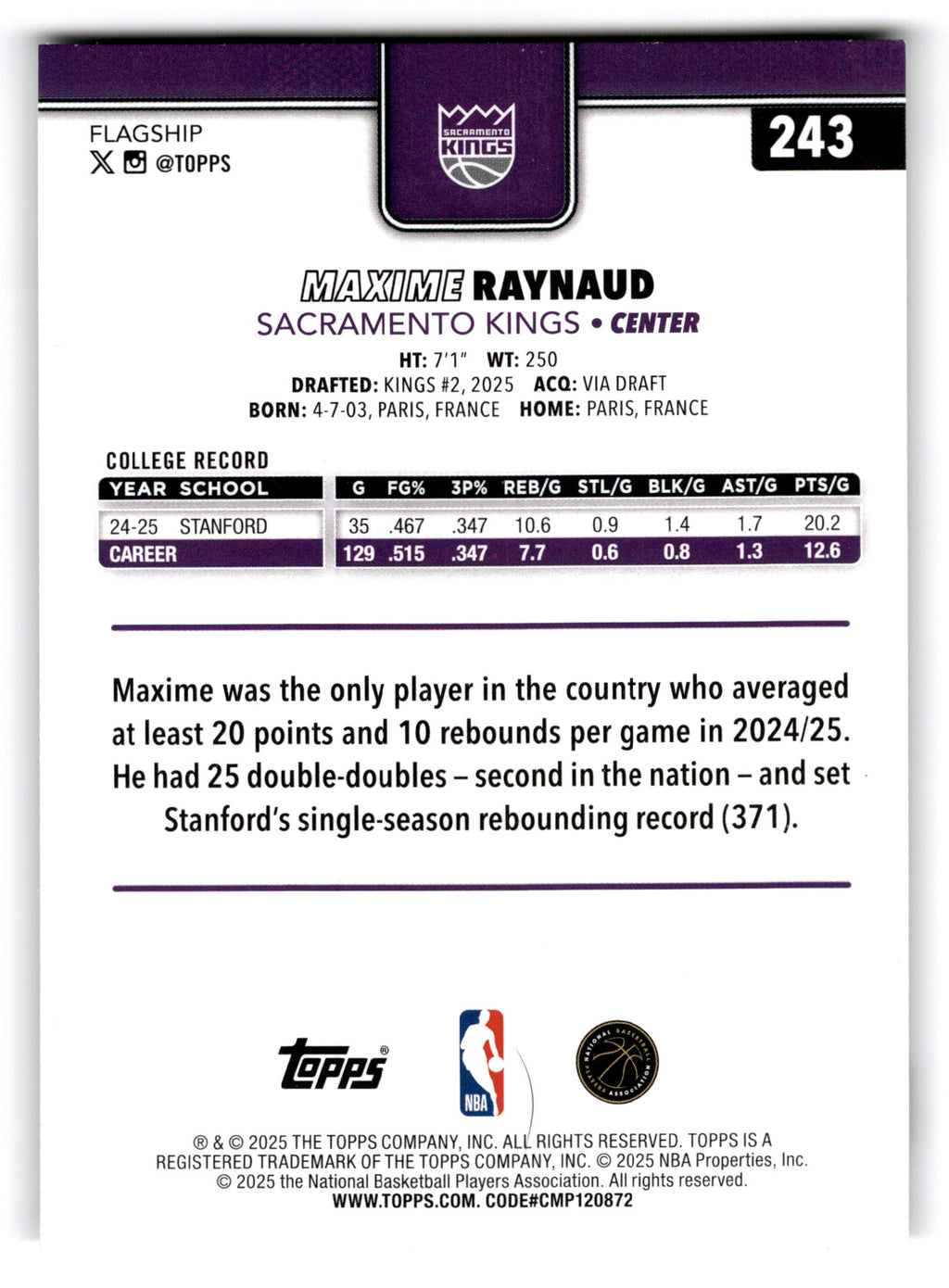 2025 Topps Basketball Maxime Raynaud #243 RC