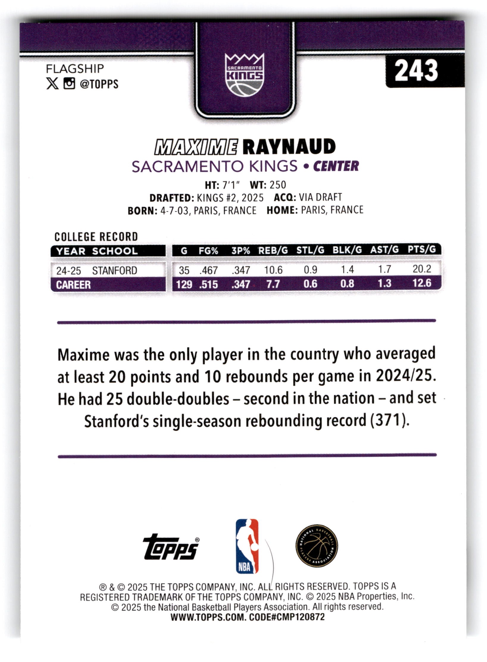 2025 Topps Basketball Maxime Raynaud #243 RC