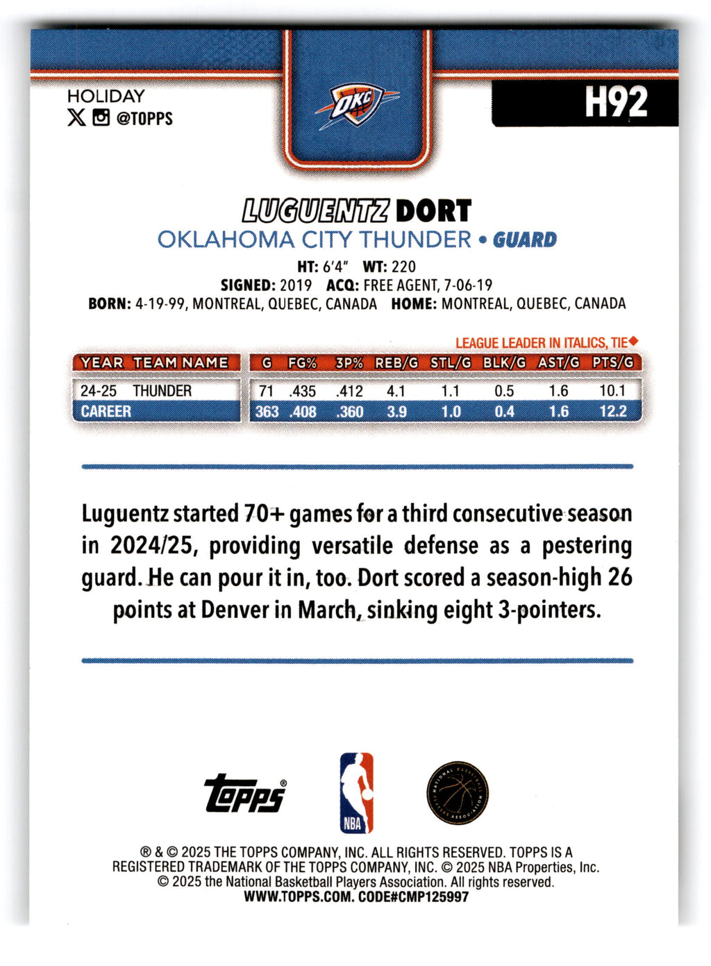 2025 Topps Holiday Luguentz Dort #H92