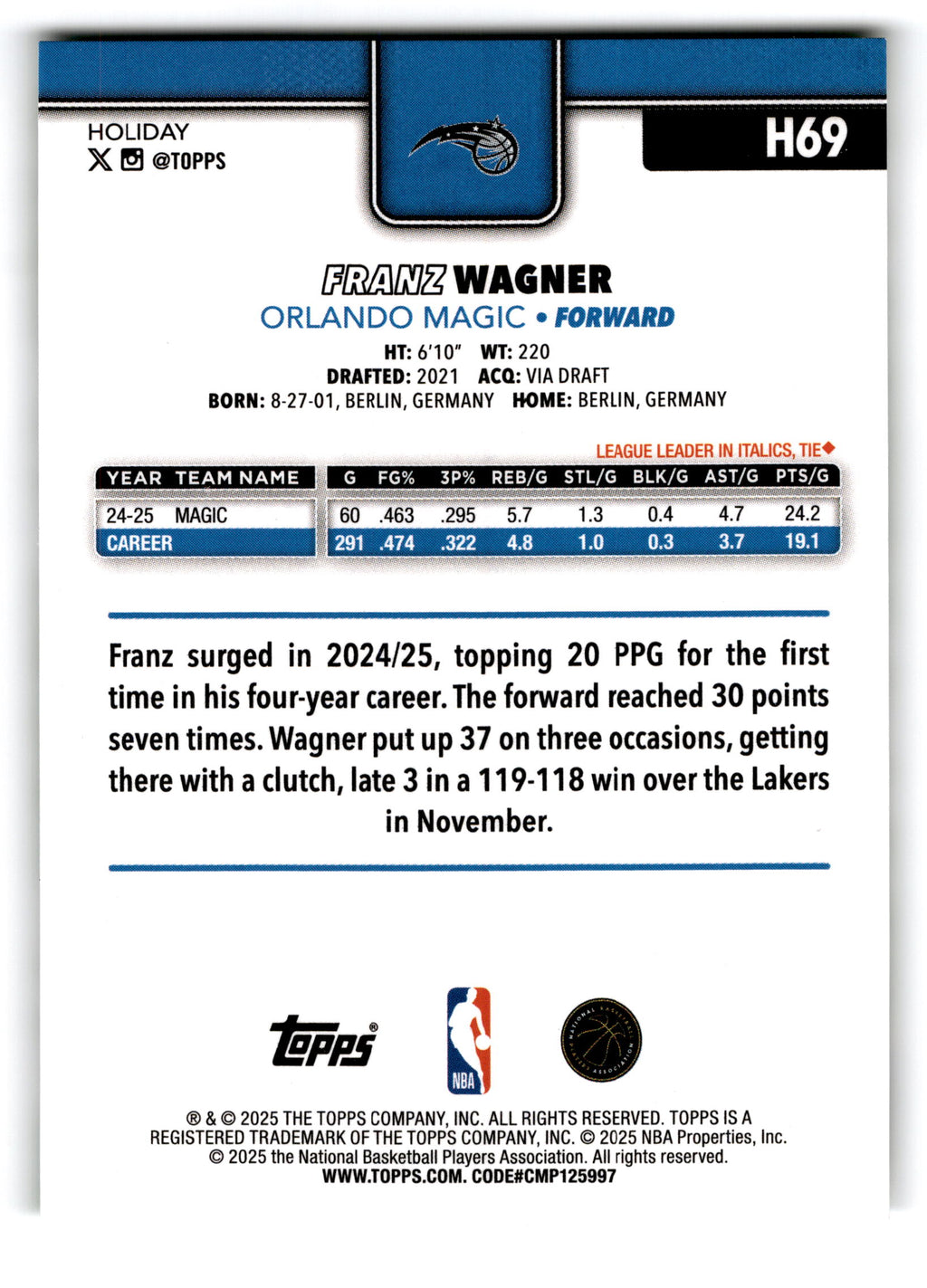 2025 Topps Holiday Franz Wagner #H69