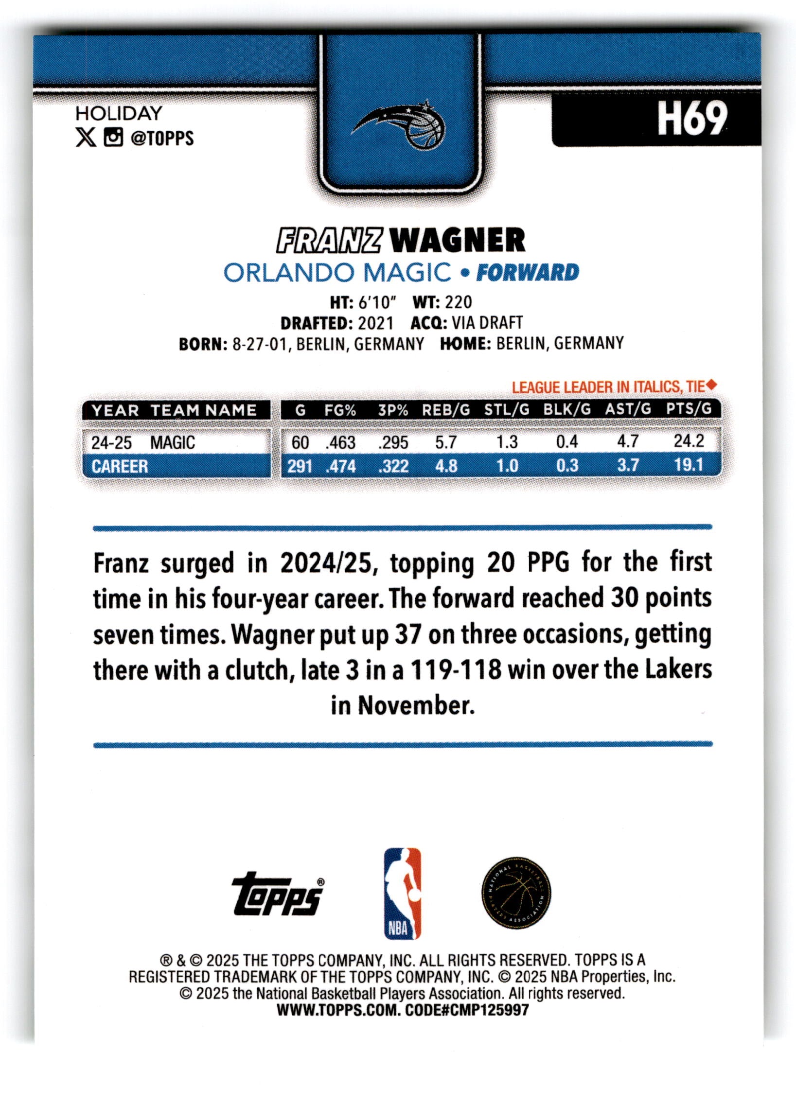 2025 Topps Holiday Franz Wagner #H69