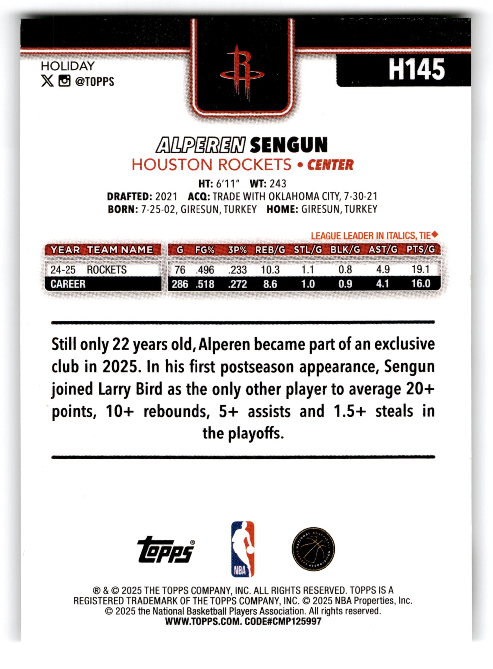 2025 Topps Holiday Alperen Sengun #H145