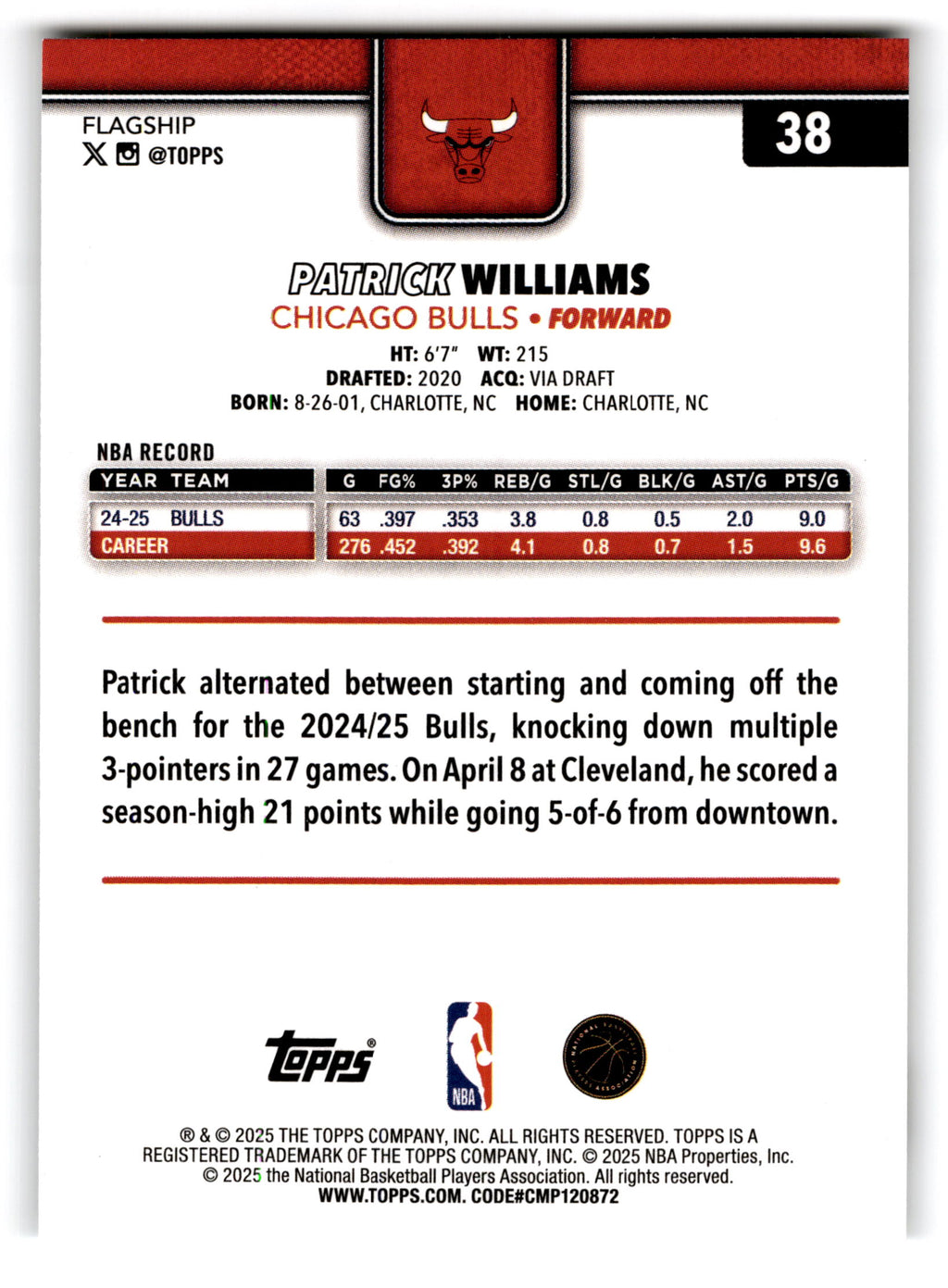 2025 Topps Basketball Patrick Williams #38