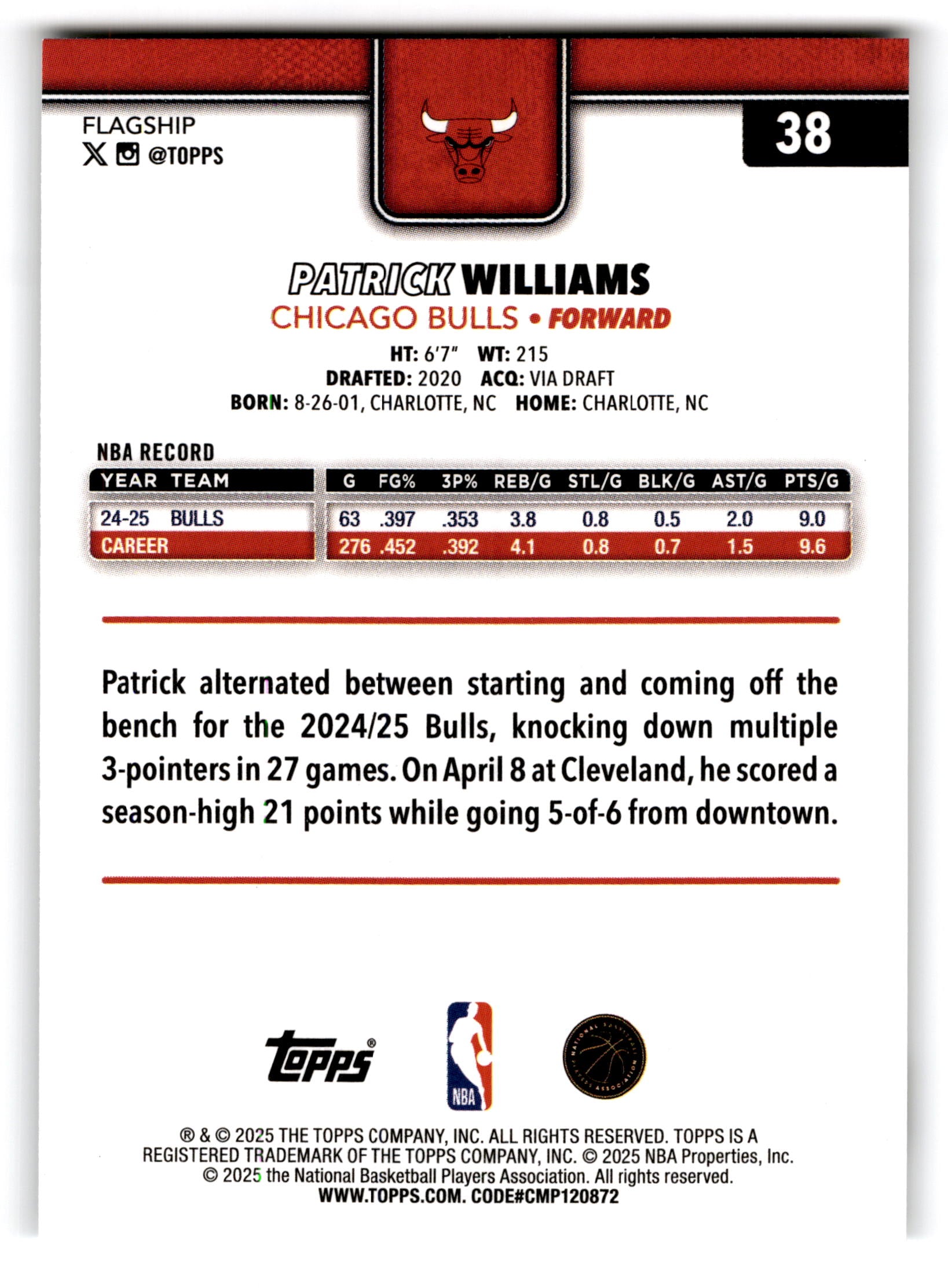 2025 Topps Basketball Patrick Williams #38