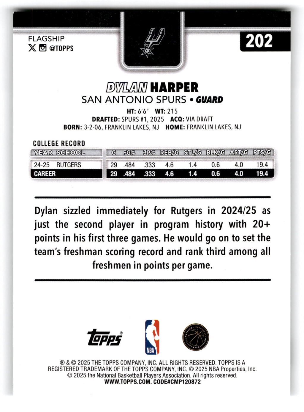 2025 Topps Flagship Dylan Harper #202 RC