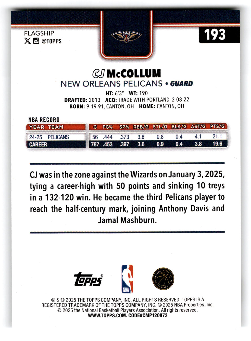 2025 Topps Flagship CJ McCollum #193
