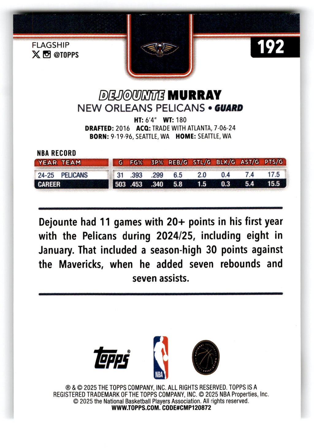 2025 Topps Flagship Dejounte Murray #192