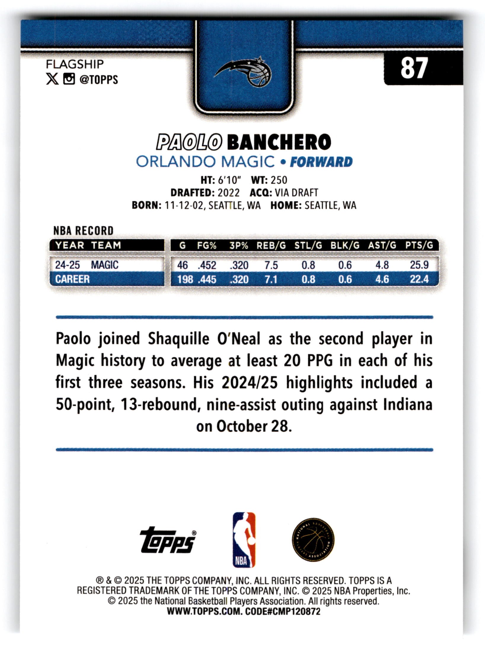 2025 Topps Flagship Paolo Banchero #87