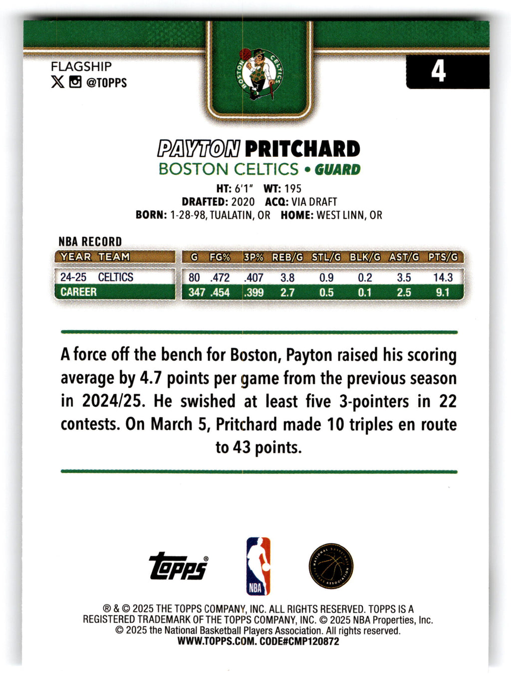 2025 Topps Flagship Basketball Payton Pritchard #4