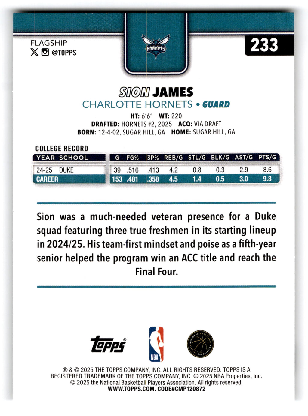 2025 Topps Flagship Basketball Sion James #233 RC
