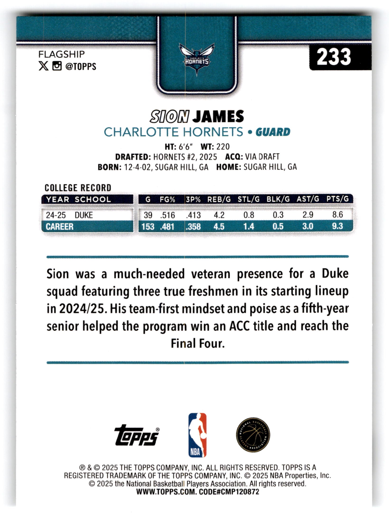 2025 Topps Flagship Basketball Sion James #233 RC
