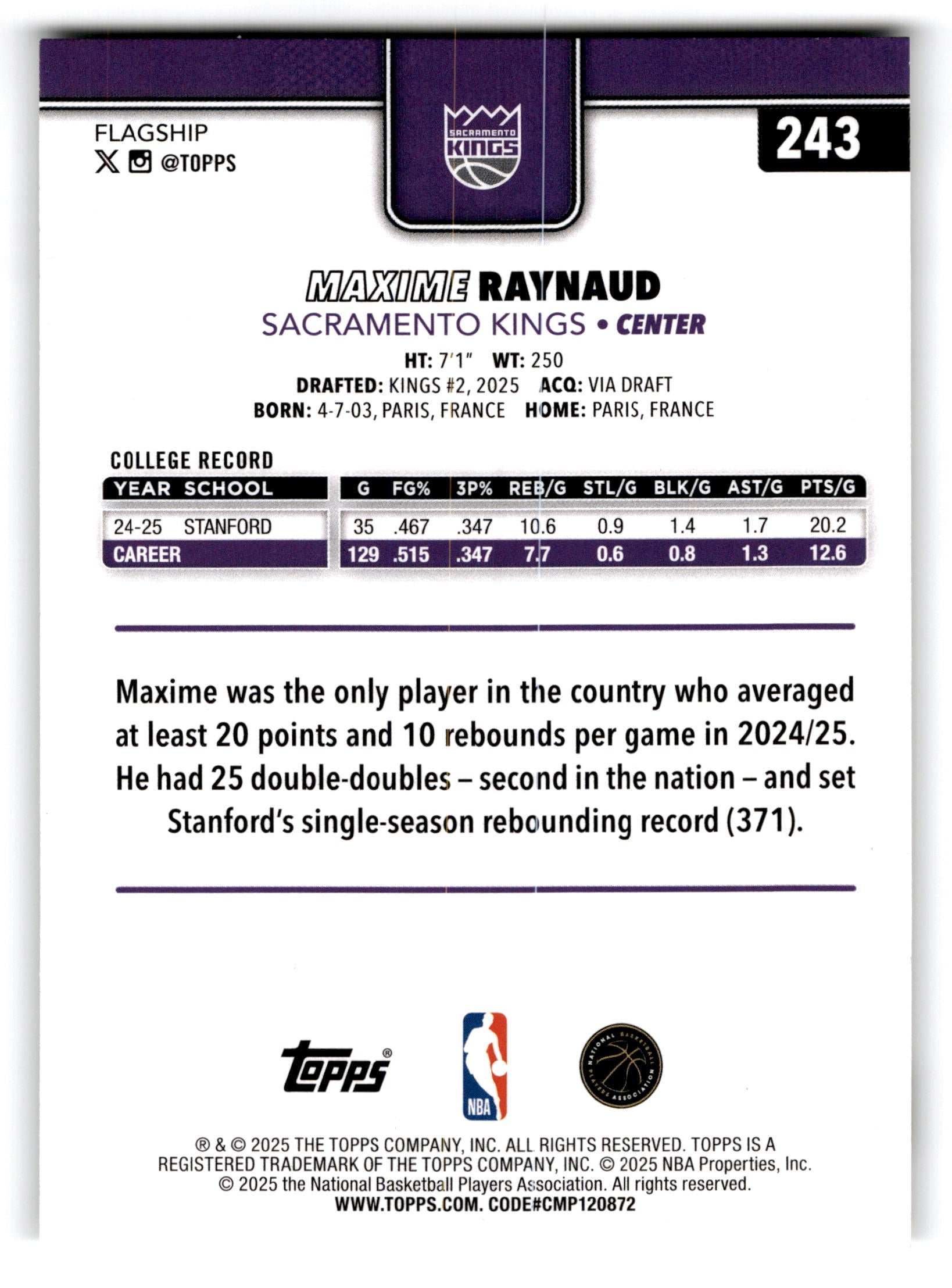 2025 Topps Flagship Maxime Raynaud #243 RC