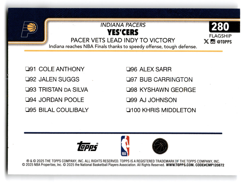 2025 Topps Basketball YES'CERS Indiana Pacers #280