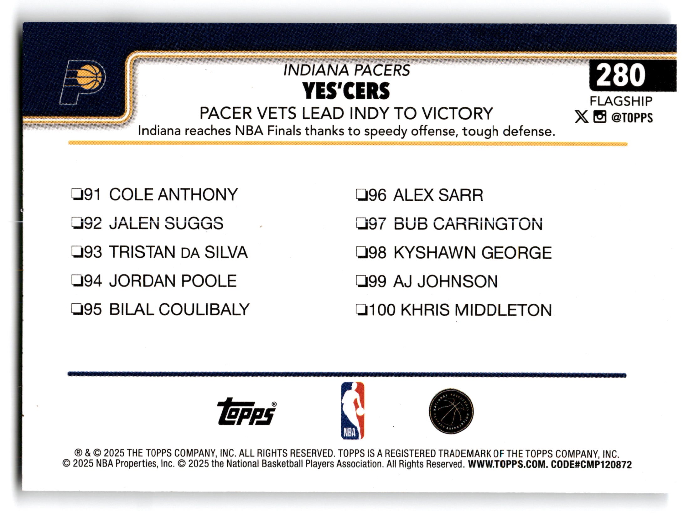 2025 Topps Basketball YES'CERS Indiana Pacers #280