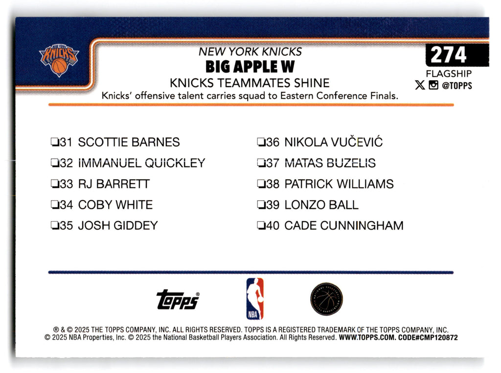 2025 Topps Flagship New York Knicks (Team Card) #274
