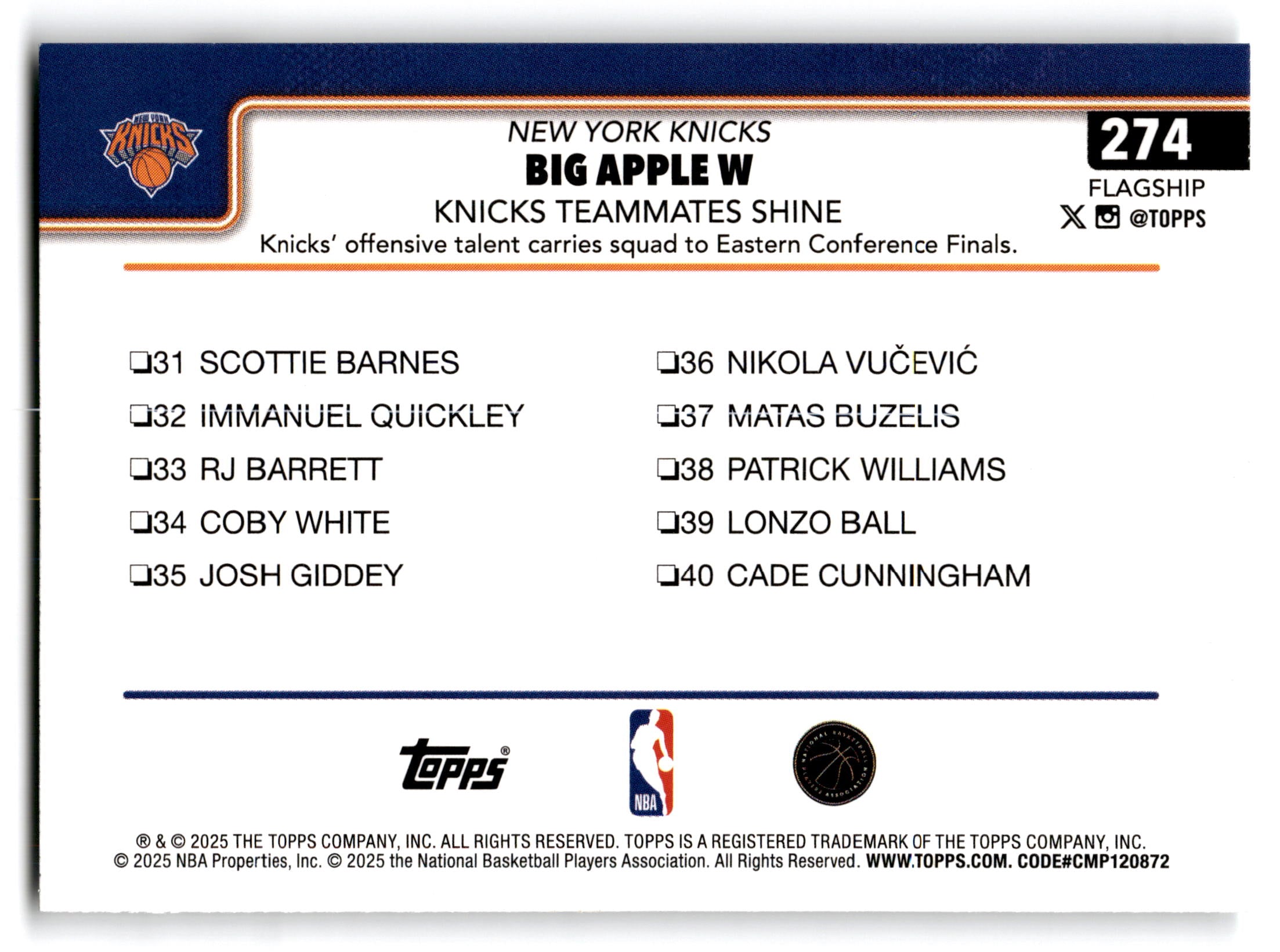 2025 Topps Flagship New York Knicks (Team Card) #274