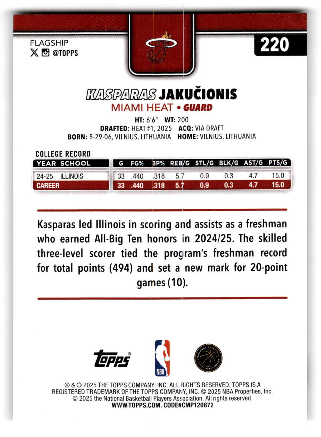 2025 Topps Flagship Kasparas Jakucionis #220 RC